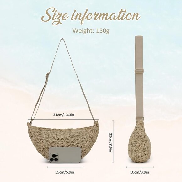 Lightweight Straw Crescent Beach Bag - Elegant Raffia Shoulder Purse for Women - Picture 2 of 6